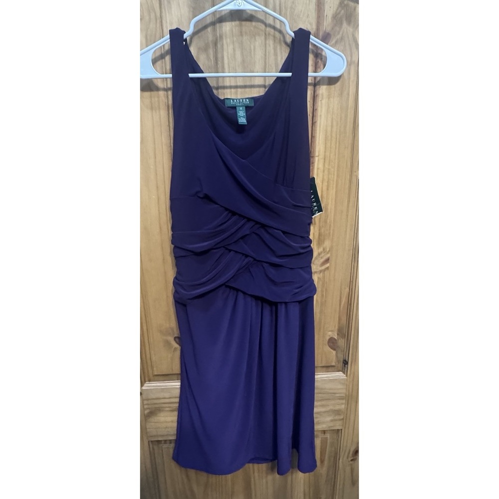 Lauren Ralph Lauren Dress 12 Plum Ruched Sheath Sleeveless Midi Elegant Chic